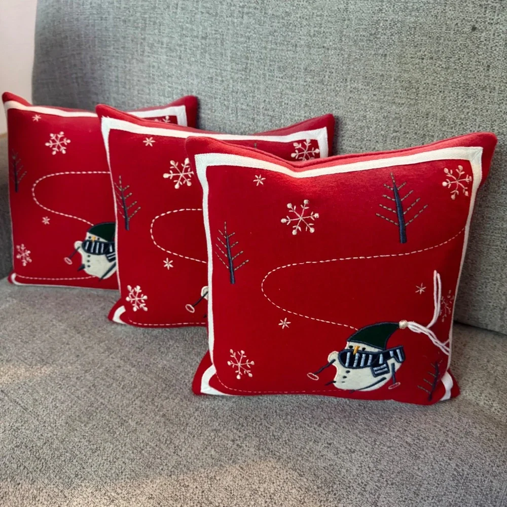 Crate & Barrel Snowday Red Wool Embroidered Snowman Throw Pillows Set of 3 12x12